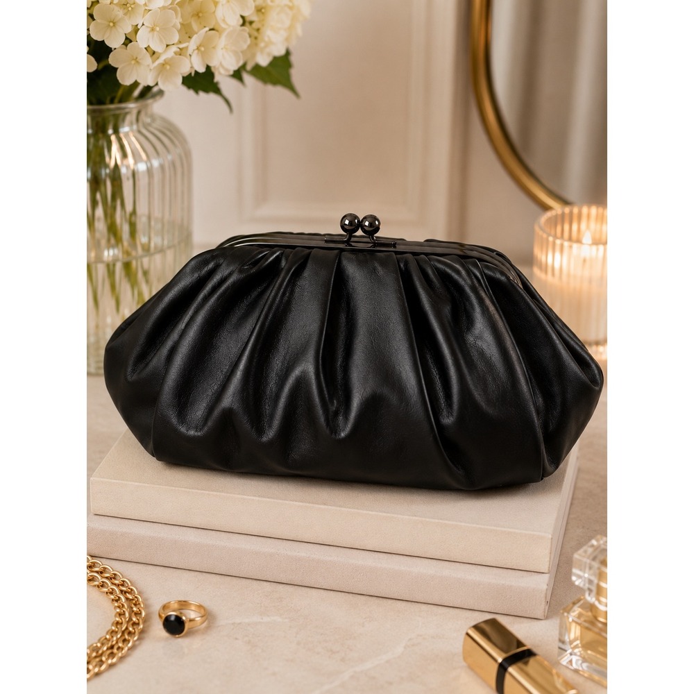 Jessica McClintock Black Faux Leather Ruched Pouch Kiss Lock Evening Clutch Bag
